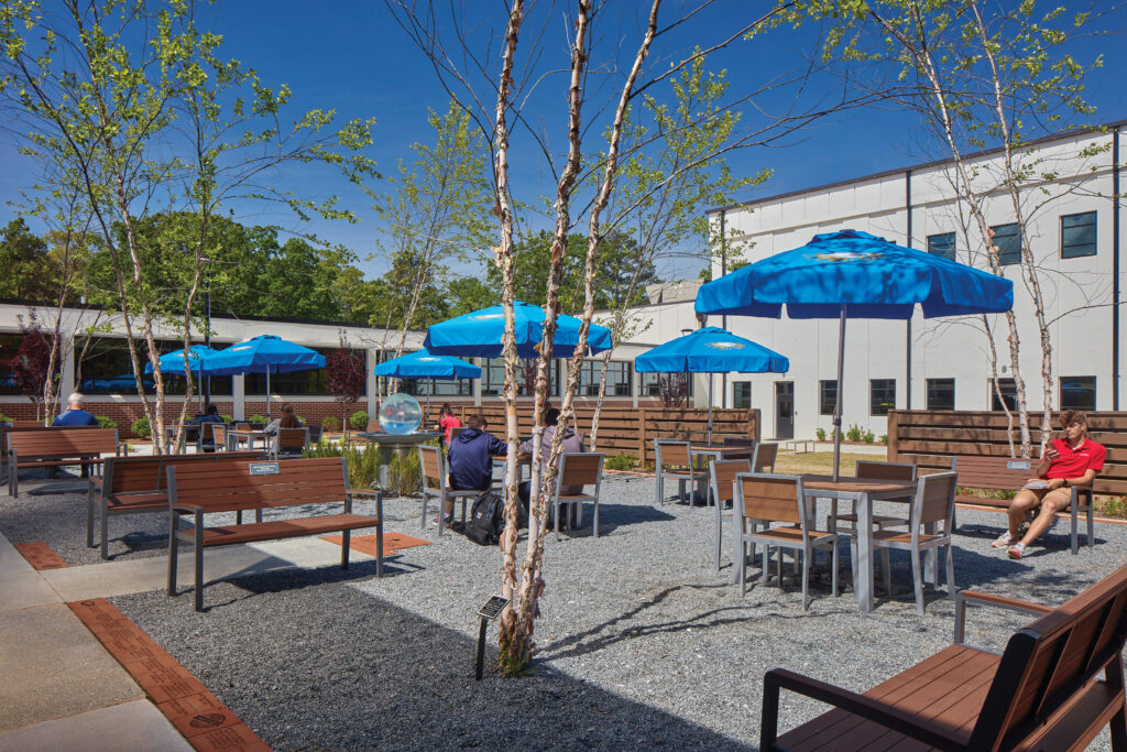 Landmark Christian School includes a covered patio with fans along with a courtyard, creating outdoor gathering spaces for students and staff. Photo: Brian Gassel Photography