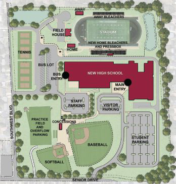 Site Phasing Plans for West Charlotte On-Site Replacement High School, Charlotte-Mecklenburg Schools, in Charlotte, NC. Illustrations by LS3P