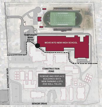 Site Phasing Plans for West Charlotte On-Site Replacement High School, Charlotte-Mecklenburg Schools, in Charlotte, NC. Illustrations by LS3P