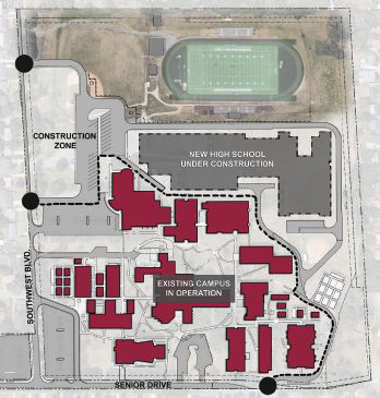 Site Phasing Plans for West Charlotte On-Site Replacement High School, Charlotte-Mecklenburg Schools, in Charlotte, NC. Illustrations by LS3P