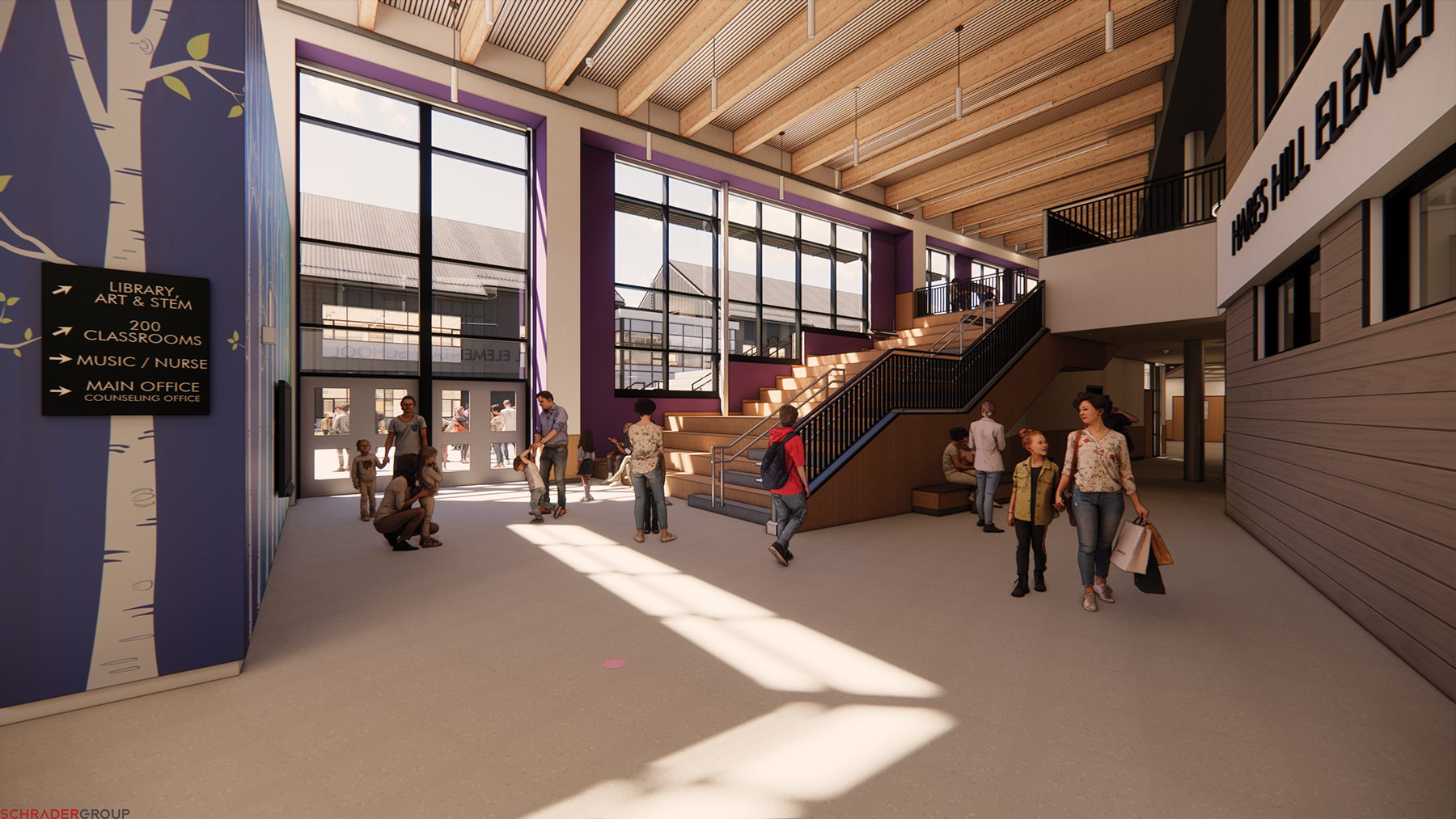 PASD Hares Hill ES Interior_MainLobby_LearningStairs STEAM Area Upstairs