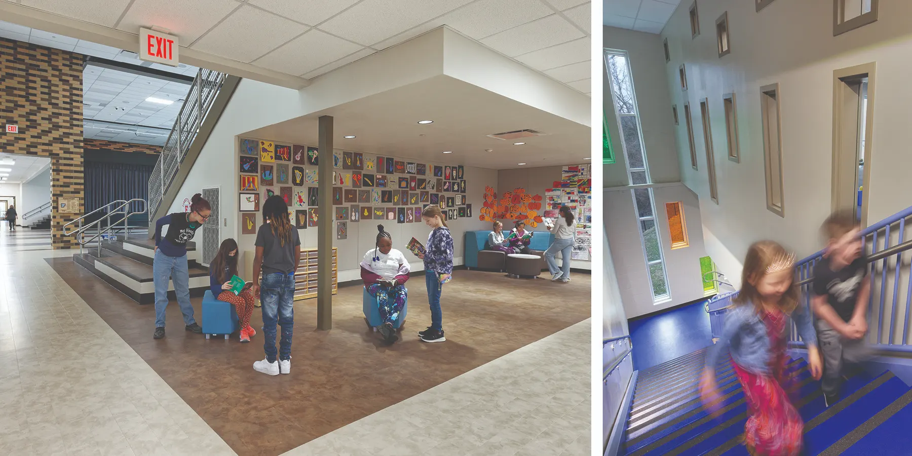 Finneytown Elementary School, Art Gallery (left) and Little Miami Early Childhood Center, Stairway Portals of Discovery (right). Photo: William Manning Photography